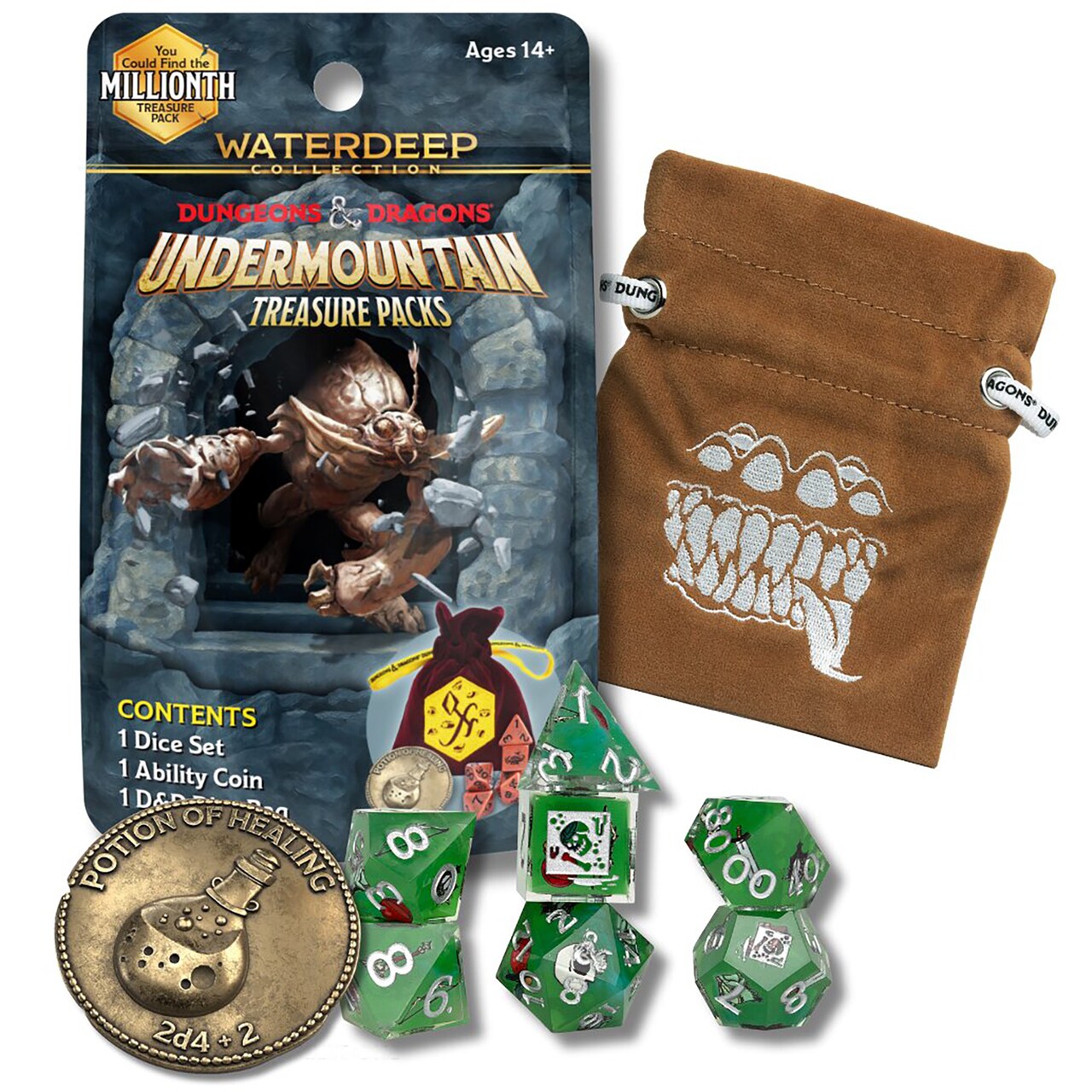 Dungeons & Dragons: Undermountain Treasure Pack - Dice Set, Metal Coin, Embroidered Bag, Randomly Assorted RPG Accessories, D&D Waterdeep Collection